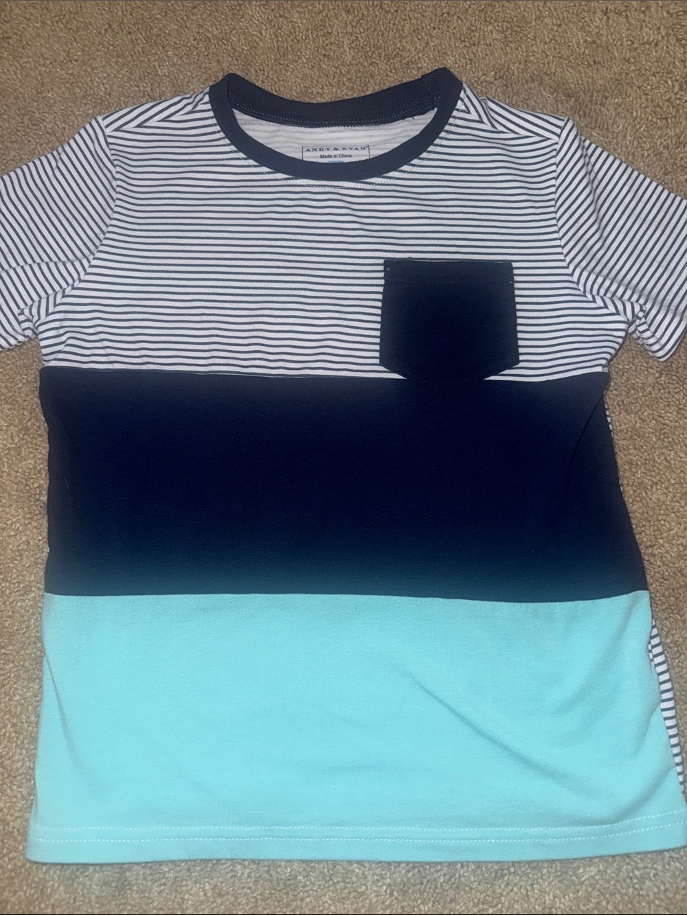 Andy & Evan Navy, White & Aqua Striped Colorblock Pocket Tee